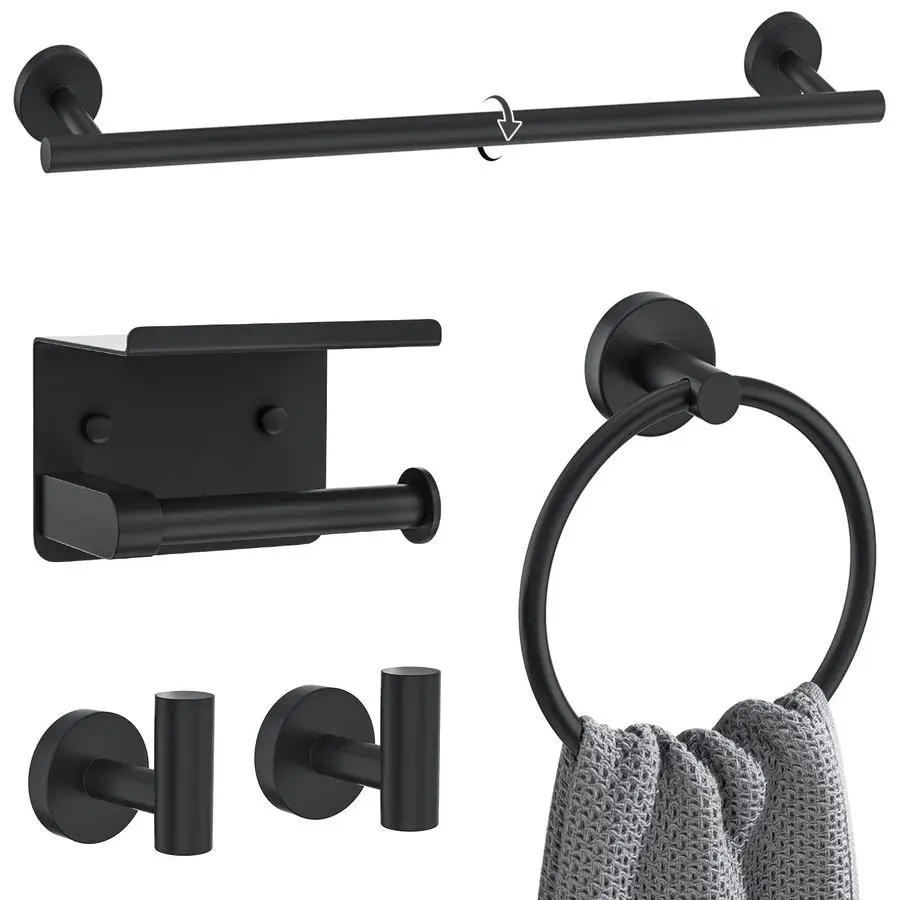 

Black Towel Bar Set 5 Pieces Bathroom Hardware Accessories Set Round Towel Holder Set for Bathroom Upgraded Toilet Paper Holder