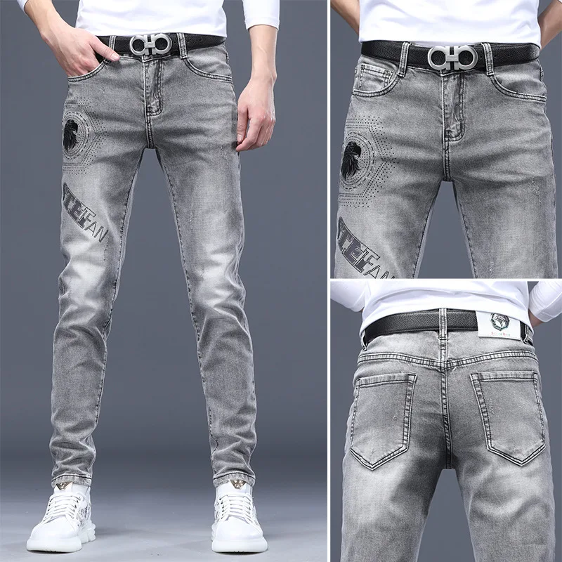 

2024new men's jeans Korean casual elastic slim fit skinny printed rhinestones fashion high-end affordable luxury gray trousers