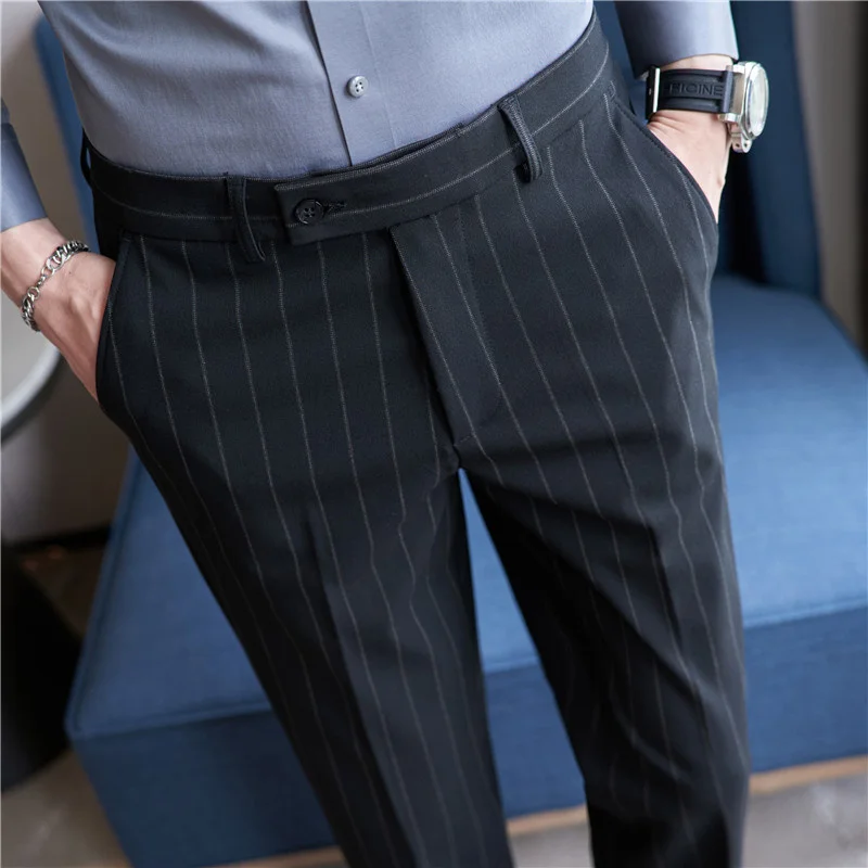 England Style Men's Casual Striped Suit Pants Stretch Business Long Slim Fit Trousers Black Blue Pencil for Man