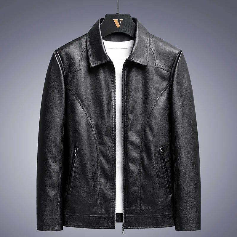 Faux Leather Jacket Men Coats Turn Down Collar Full Sleeve Casual Pockets Zipper Jackets Splice Simple Coat Autumn Winter