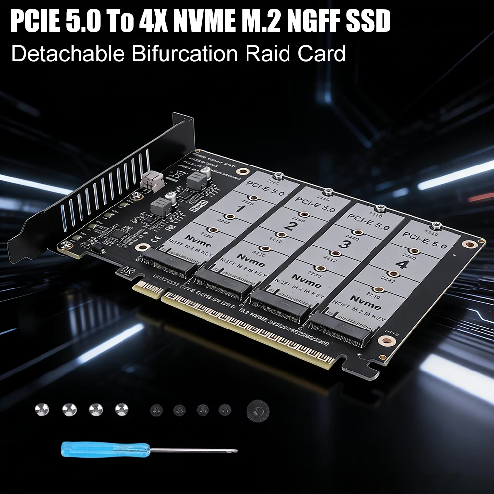 PCIE Express 5.0 Gen5 Gen4 X16 Adapter Bifurcation Card To 4X NVME for M.2 for NGFF SSD Expansion Card Hard Drive Converter