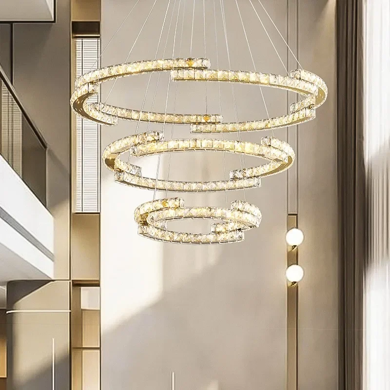 

Modern Lustre Crystals Led Pendant Lights Luxury Foyer Hanging Chandelier Light Home Steel Circle Led Luminarias Lamp Fixtures