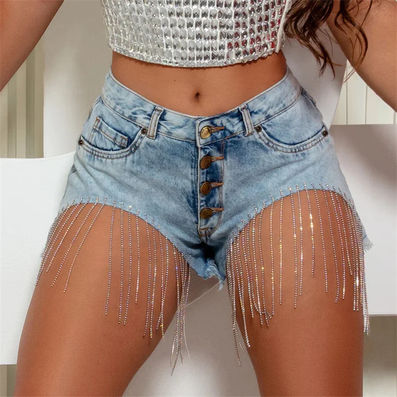 

New mid-waist Sexy Hottie Denim Shorts Women's Chain Tassel ultra Short Hot Pants Plus Size Jean Shorts Women