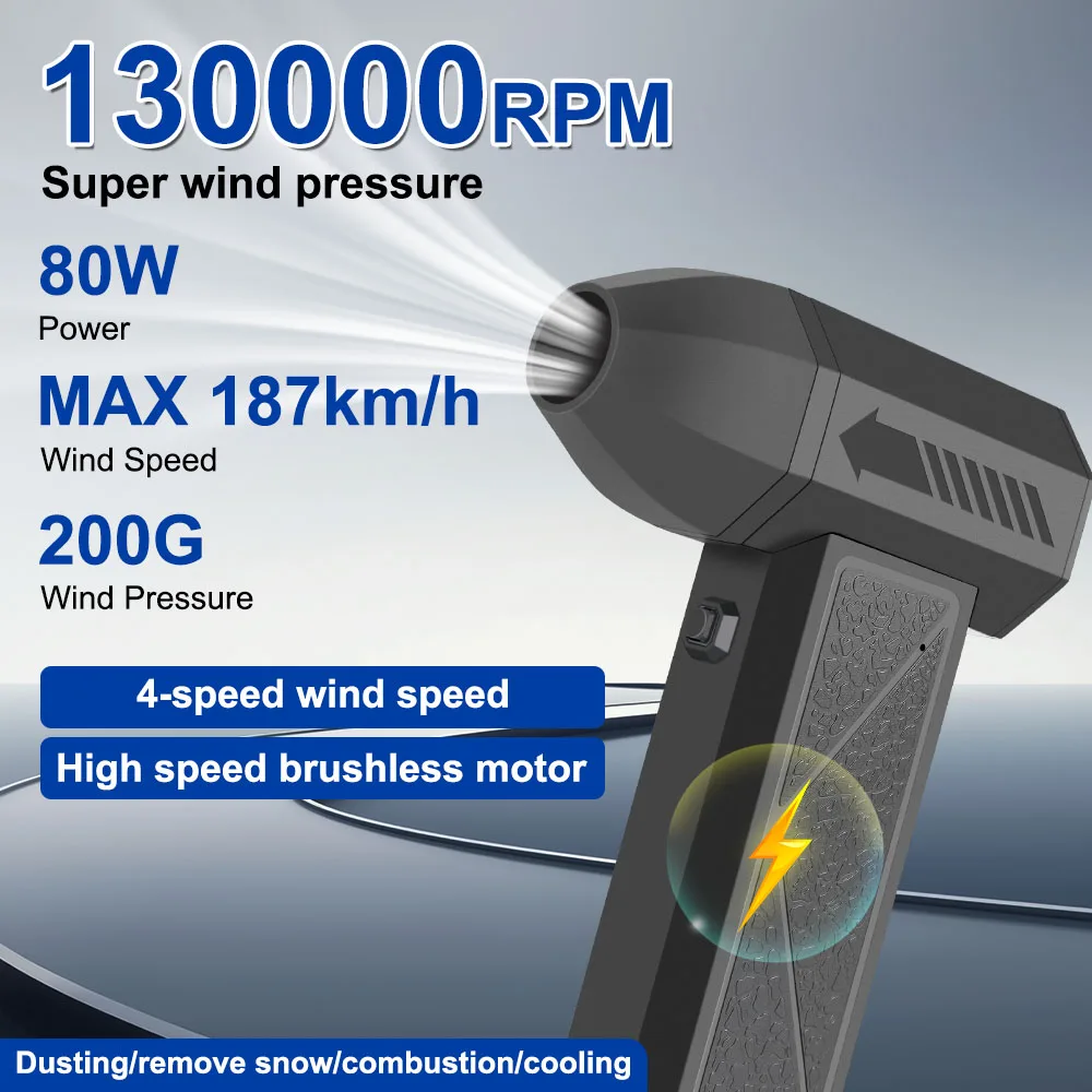 Turbo Jet Fan 130000RPM Type-C Charging Cleaning Blower Tool Portable 80W Electric Air Duster Strong Blowing Car Snow Blowing