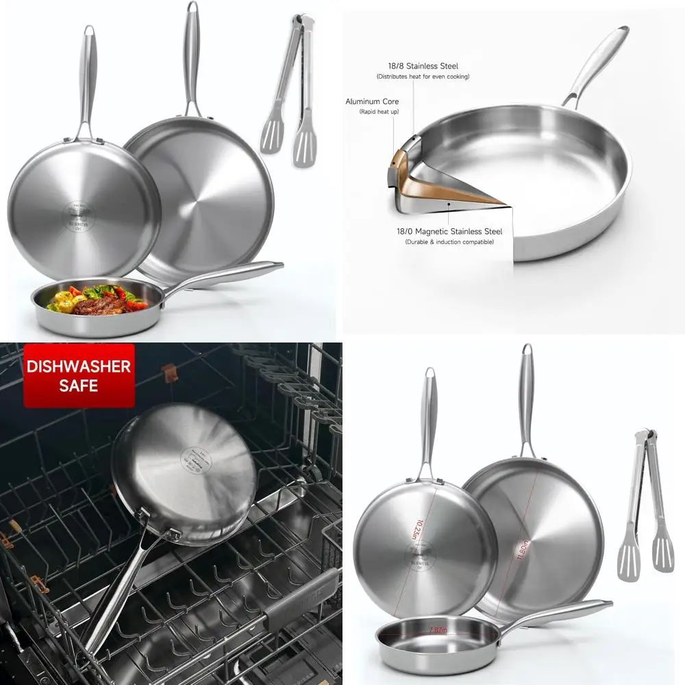 

Набор сковородок из нержавеющей стали с сковородами 8, 10 и 12 дюймов, посуда шеф-повара для индукционных духовок, можно мыть в посудомоечной машине, совместима с
