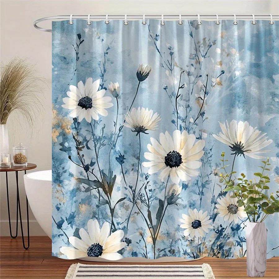 

1 шт., занавеска для душа с акварельным цветочным узором белой ромашки, полиэфирная ткань, можно стирать в машине, подходит для украшения ванной комнаты
