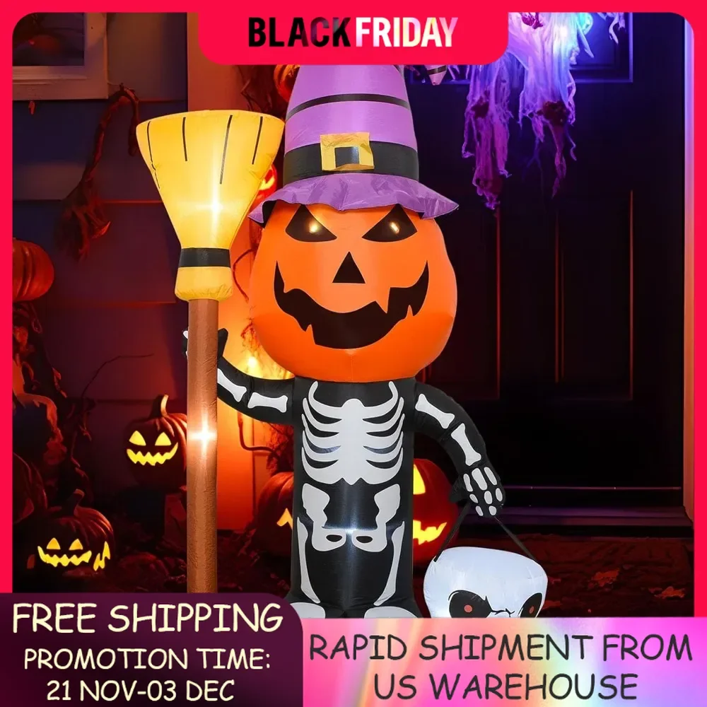 6 FT Halloween Inflatable Outdoor Decoration Skull Skeleton Pumpkin Head with Witch’s Hat Built-in 8 LEDs Halloween Decorations