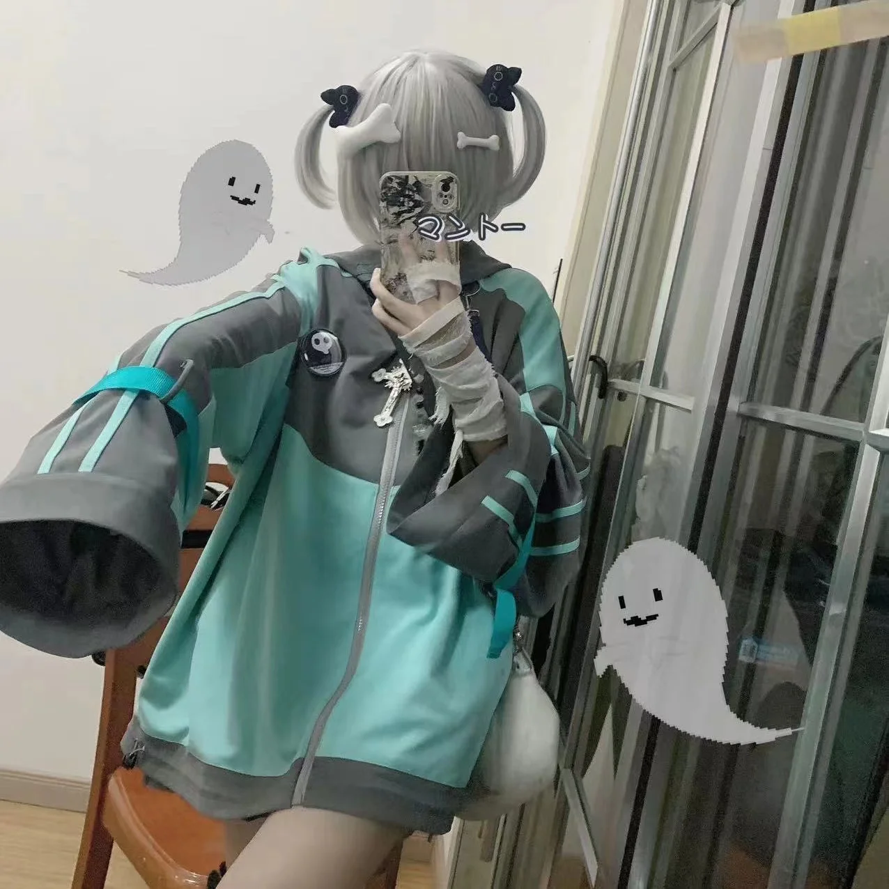 

Autumn Winter Japanese Sle Fce Lined Oversized Zipper Hoodie Jaet Women's Casual Sweet Sle ort Length Sweatirt