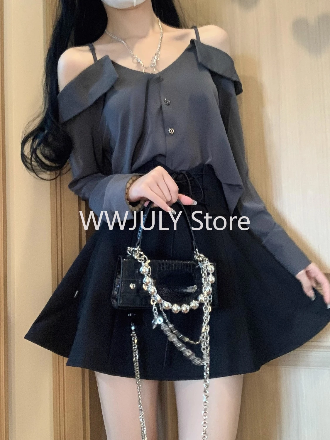 2024 New Gyaru Girl Preppy Style Outfits 2 Piece Set Fashion Strapless Slash Neck Shirt Top +Elastic Waist Bandage A-Line Skirts