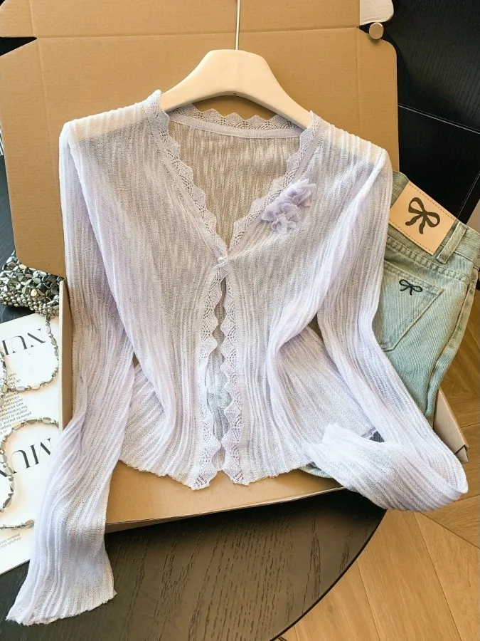 

Корейский стиль: фиолетовый вязаный свитер с кружевной отделкой и V-образным вырезом, женский, новинка ранней весны, с защитой от солнца, длинный рукав, открытый кардиган, элегантный...