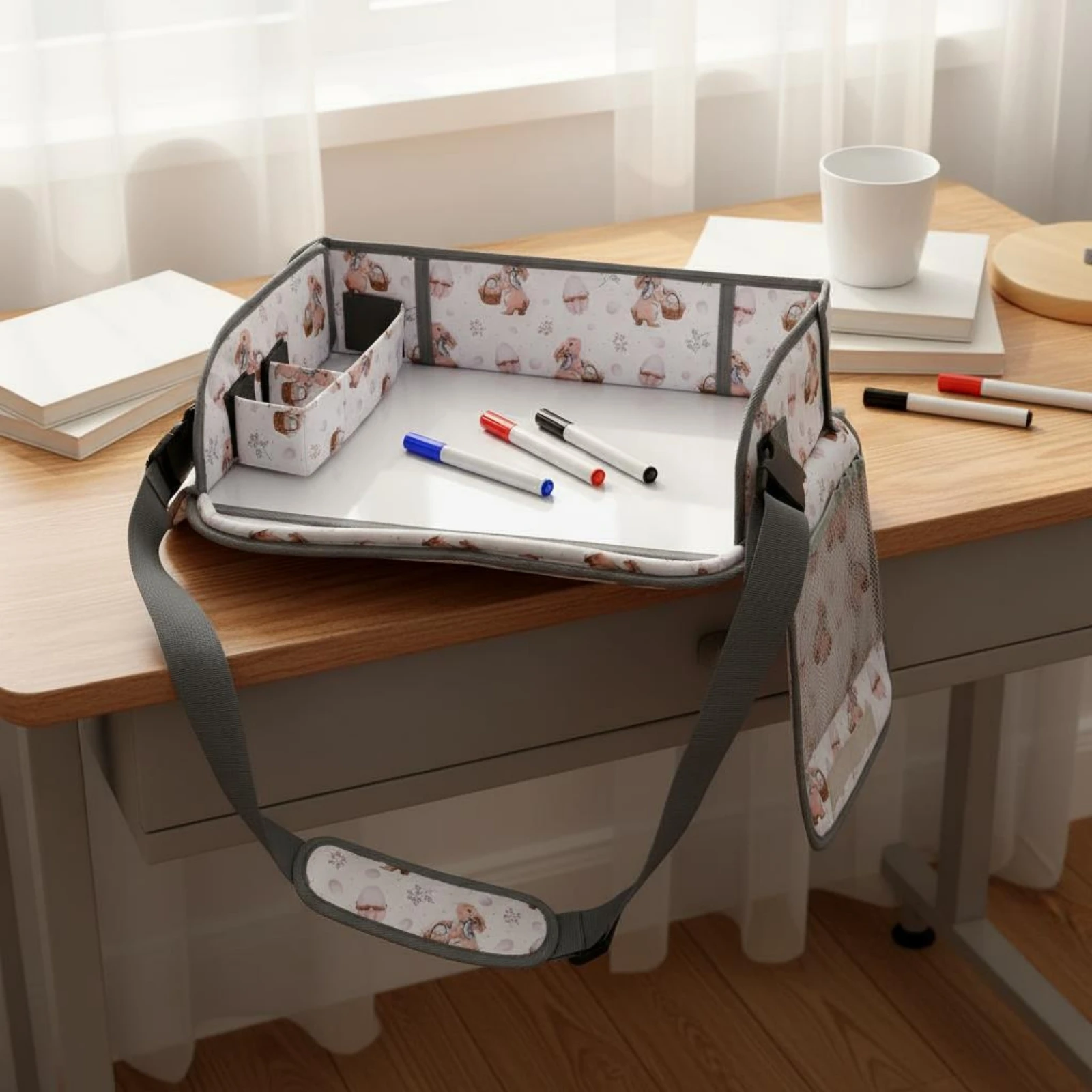 Car Seat Activity Tray Rabbit-Themed Kids Travel Tray Travel Drawing Board Adjustable Straps Toddler Lap Desk Storage Pockets