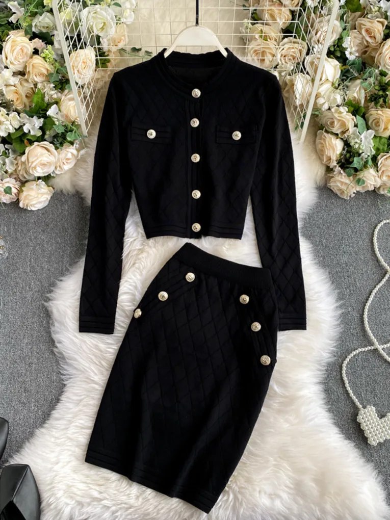 Black long sleeve buttons sweater top and skirt suits women knitted two piece set New autumn fashion ladies club outfits