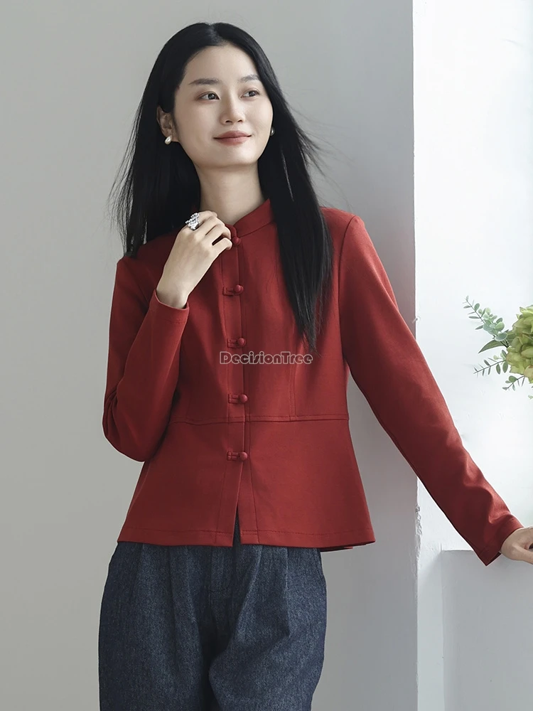 

2025 spring new chinese national retro style cotton qipao shirt stand-up collar retro cheongsam button tang suit shirt for women