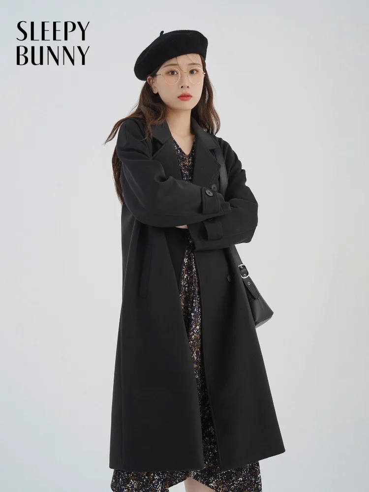 Lady Elegant Wool-like Coat Women Vintage Long Overcoat Black Lapel Jacket Warm Stylish Daily Wear Chic Cold-Season Outfits