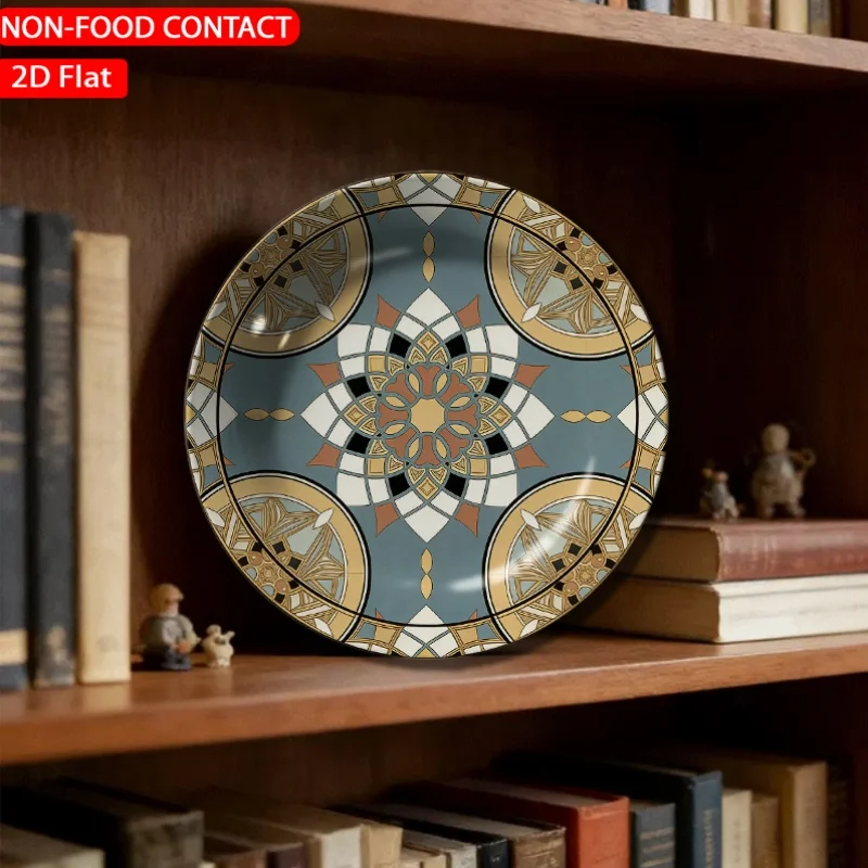 1pc Art Deco Geometric Floor Pattern Blue Ceramic Plate Non-Food Contact, Home Desk Ornaments, Living Room And Bedroom