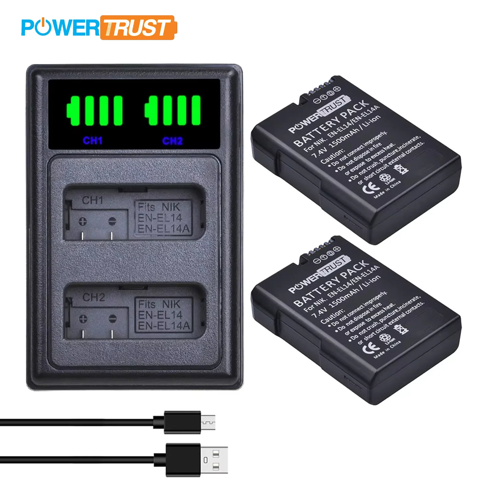 PowerTrust EN-EL14 EN EL14 ENEL14A ENEL14 Battery for Nikon D3100 D3200 D3300 D5100 D5200 DF P7000 P7100 P7700 P7800 MH-24 P7200