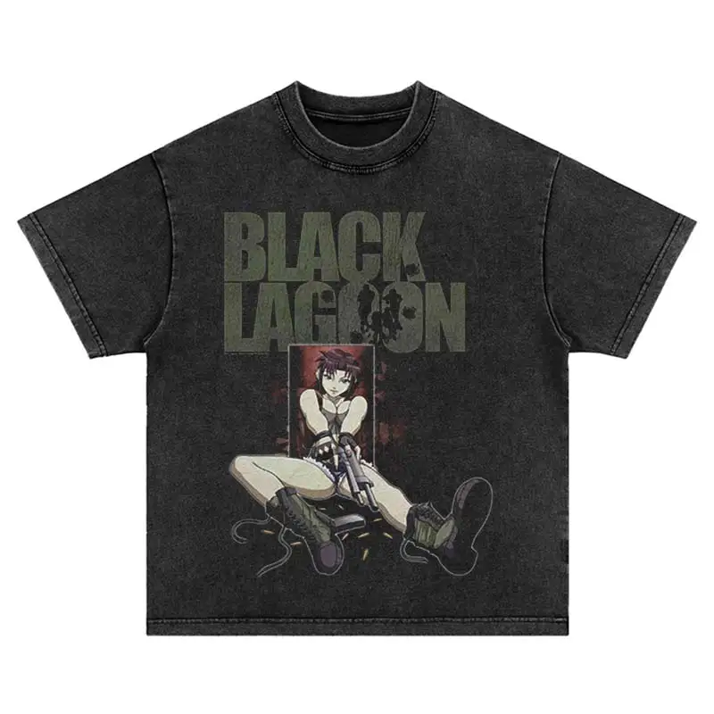 Summer Hip Hop Streetwear Black Haired Woman Print T-Shirt Vintage Trend Washed Fashion Oversized Harajuku Cotton Tshirt Tops