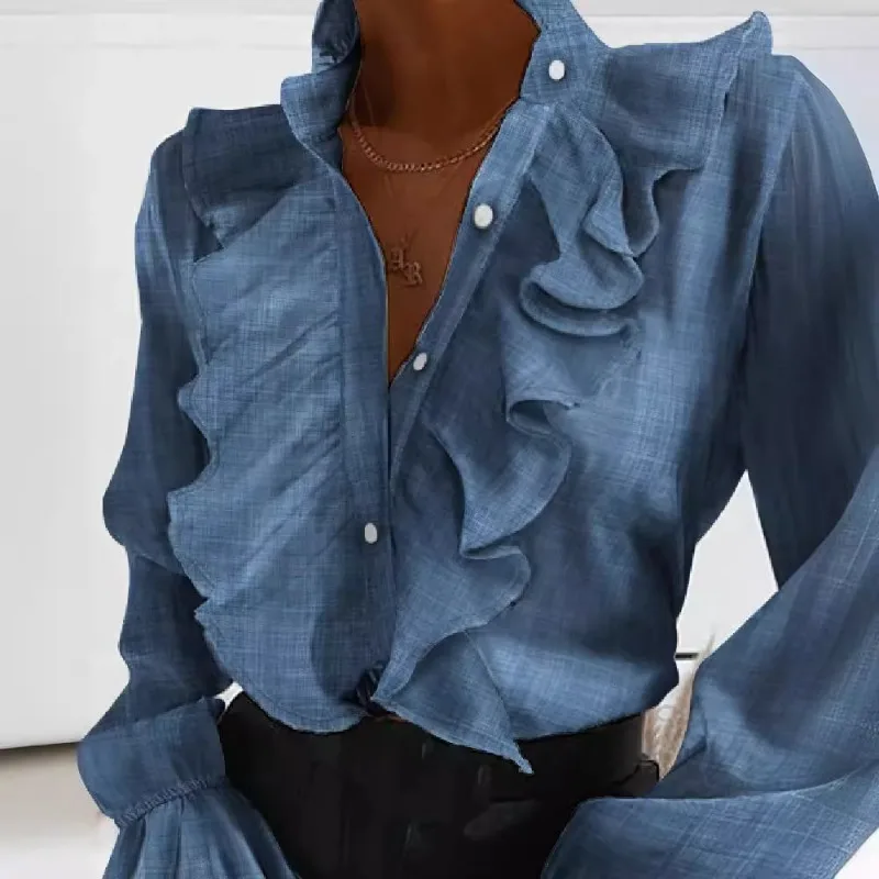 Spring Summer Women\'s Clothing Solid Color Denim Ruffled Long Sleeve Shirt Temperament New Arrivals