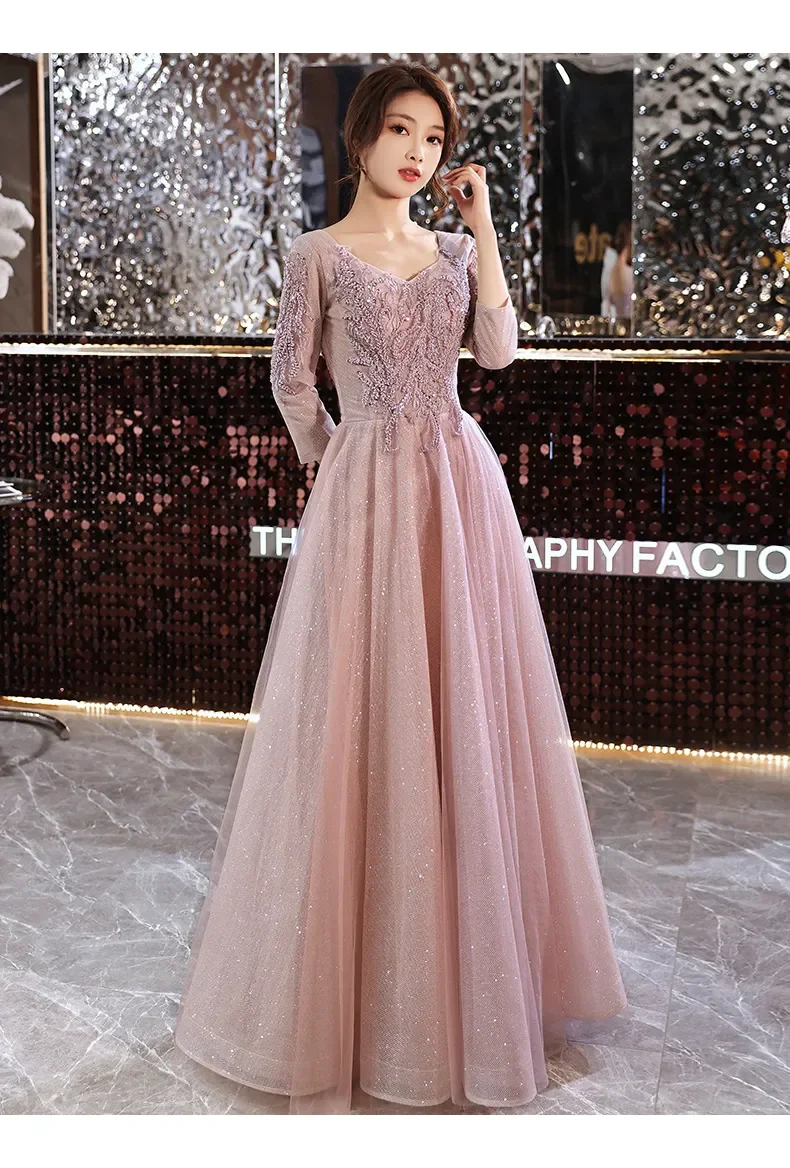 Elegant Beaded Lace Quinceanera Dress V Neck 3/4 Sleeve Zipper Back Graduation Party Host Pageant Wedding Evening Gown