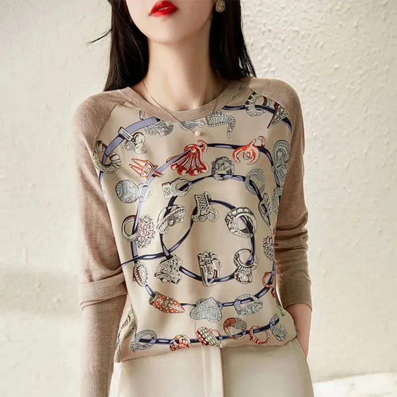 2024 Lente En Herfst Koreaanse Forens Gebreid Shirt Chiffon Lange Mouw Losse Ronde Hals Gesplitst Bedrukt Dames T-Shirt Top