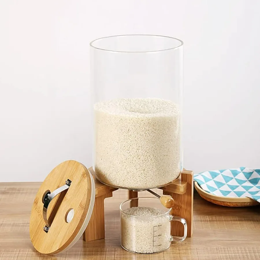 

Rice Storage Containers Creative Glass Clear Container Rice Bucket with Measuring Cup and Wooden Stand Kitchen Storage Separate