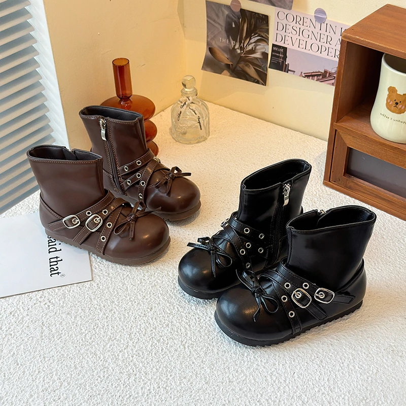 

2025 Autumn Girl's Boots Round Toe Zip Bowknot Chic Kid's Flat Anti-slip Trendy Children Stylish thick and high quality boot