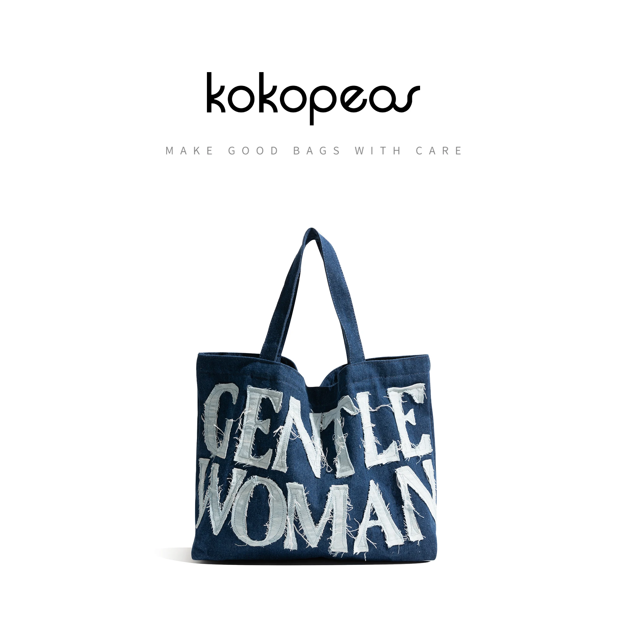 

KOKOPEAS Letter Printed Denim Tote Handbag Women's Large Capacity Shopping Purse Stylish Shoulder Commuter Pouch Student Bookbag