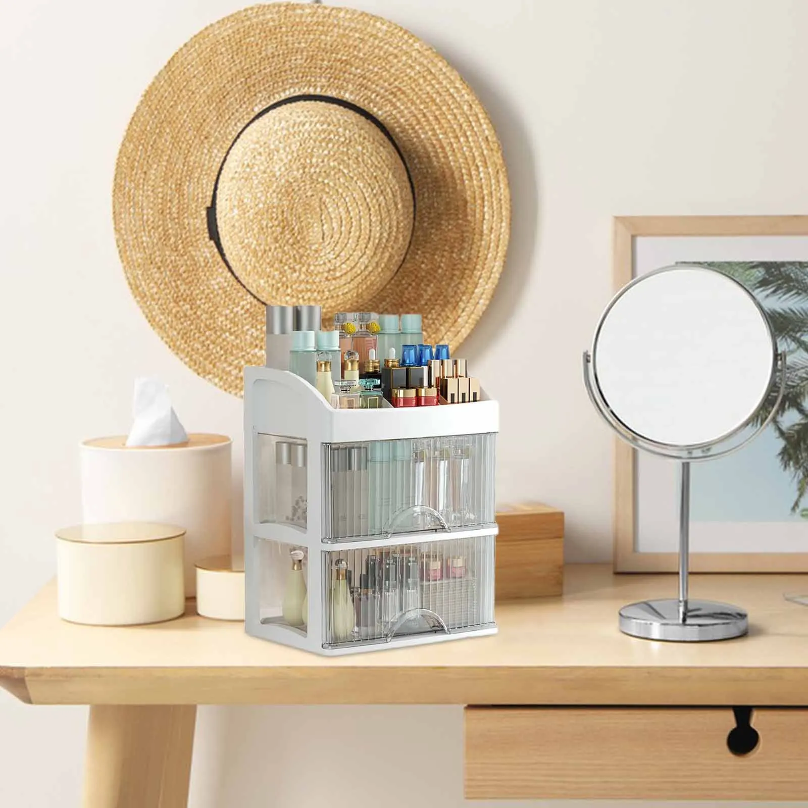 

2 Drawer Desktop Storage Cabinet Plastic Makeup Organizer for Vanity Skincare and Office Supplies Bathroom Countertop Organizer