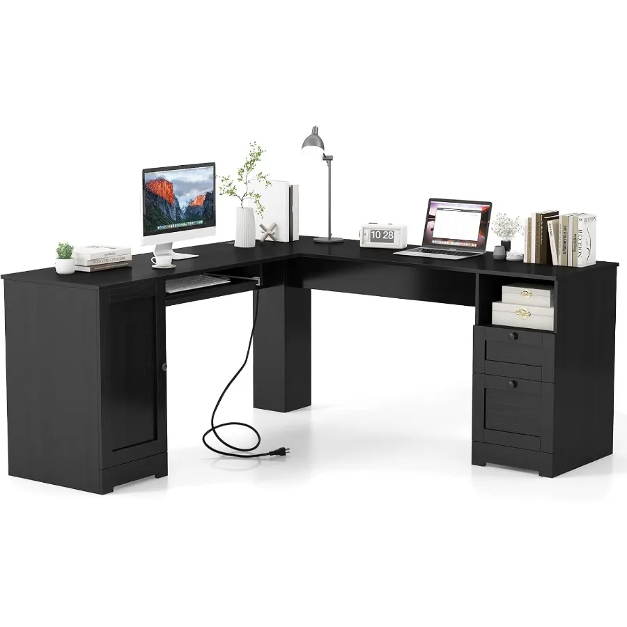66 x 66 LShaped Office Desk with Power Outlets Modern Home Office Computer Desk with 2 Drawers Cabinet Adjustable Shelf Keyboar
