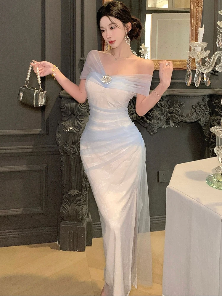 الصيف الأبيض الجاكار المرقعة شبكة فستان طويل المرأة أنيقة شيك الصدر التفاف فستان مثير 2025 الكورية Bodycon فستان المهرجان #5