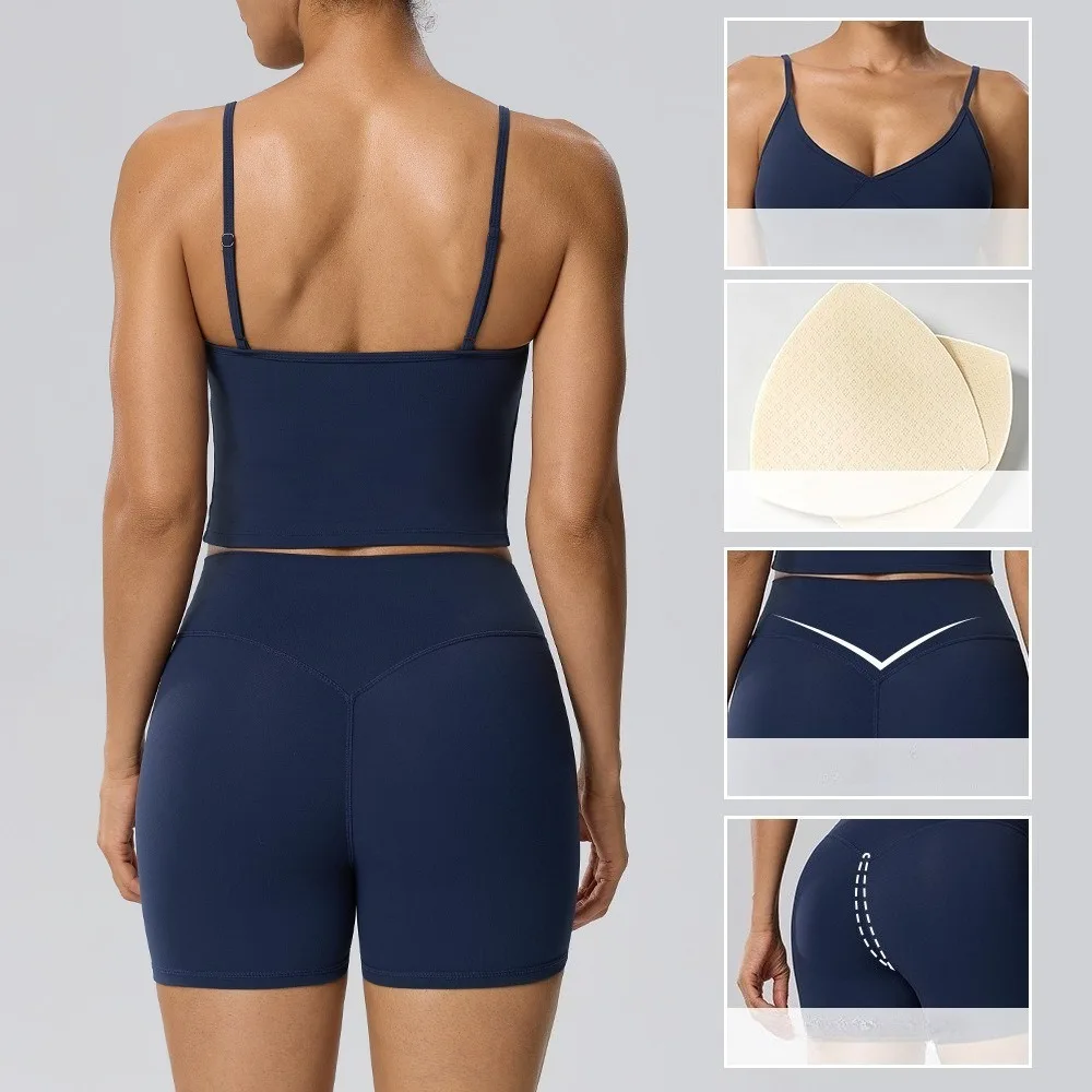 `Women Double‑Sided Brushed 2‑Piece Yoga Set Tank Top with Built‑in Pads Scrunch‑Butt Lifting Shorts for Gym Fitness`
