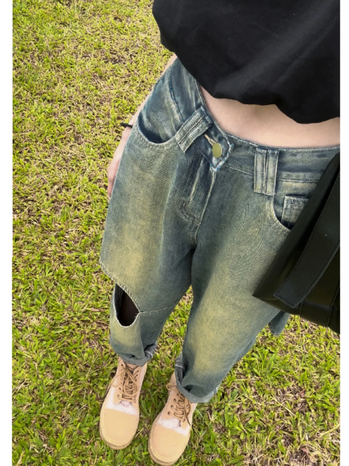 

Джинсы женские ретро, с эффектом потертости, с дырками, новые, больших размеров, с высокой талией, зауженные, в американском стиле, прямые брюки-харланы