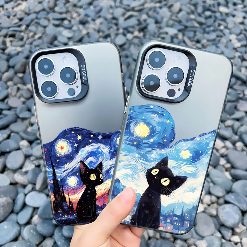 Casing ponsel iPhone 15 Pro Max, penutup Laser tahan guncangan, lukisan minyak van-gogh kucing untuk iPhone 11 12 13 Mini Pro Max 14 Pro Max Plus