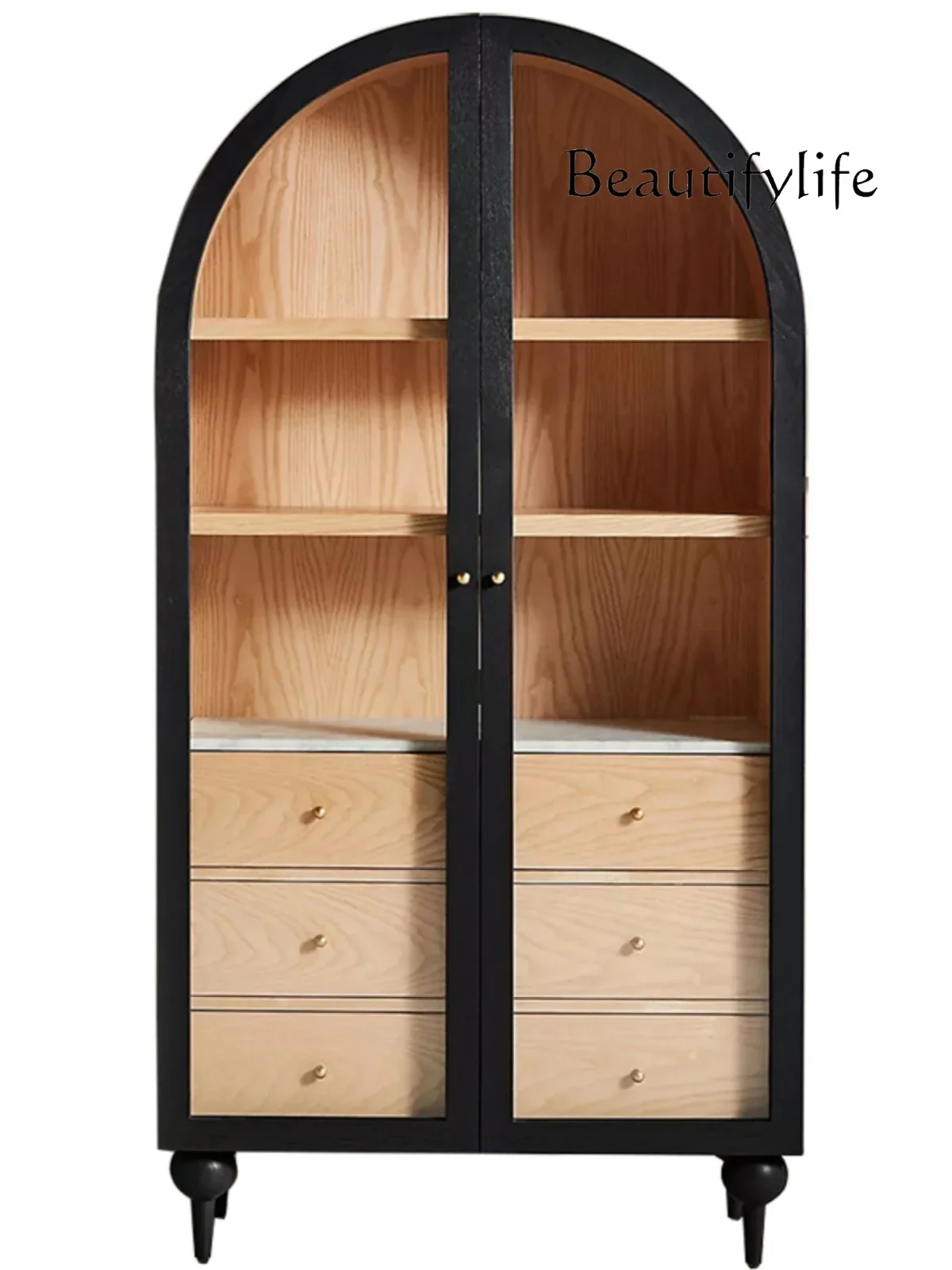 American-Style Solid Wood Arched Wine Cabinet French Retro Side Cabinet Simple Modern Double-Door Bookcase