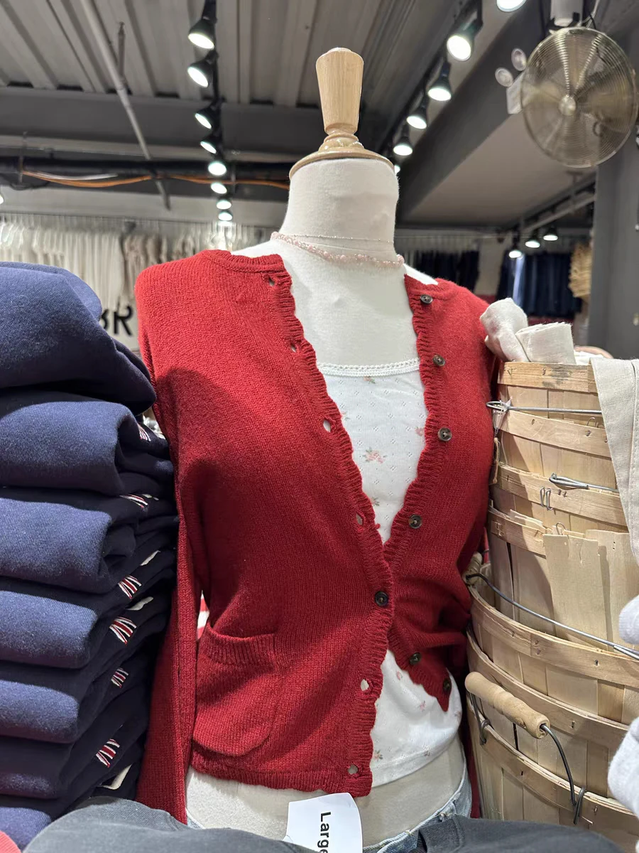 

Pockets Red Slim Cardigan Sweater Women O-neck Single Breasted Cotton Short Sweaters Coat Spring Solid Sweet Knitwear Y2k Tops