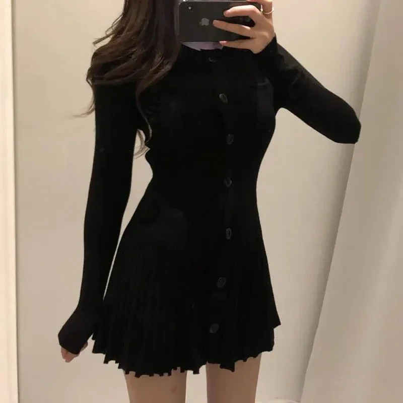 Thin Long Sleeve Knitted Dress Women Summer Korean Single Breasted Sexy Pleated Mini Dress Fashion Streetwear Slim A Line Dress