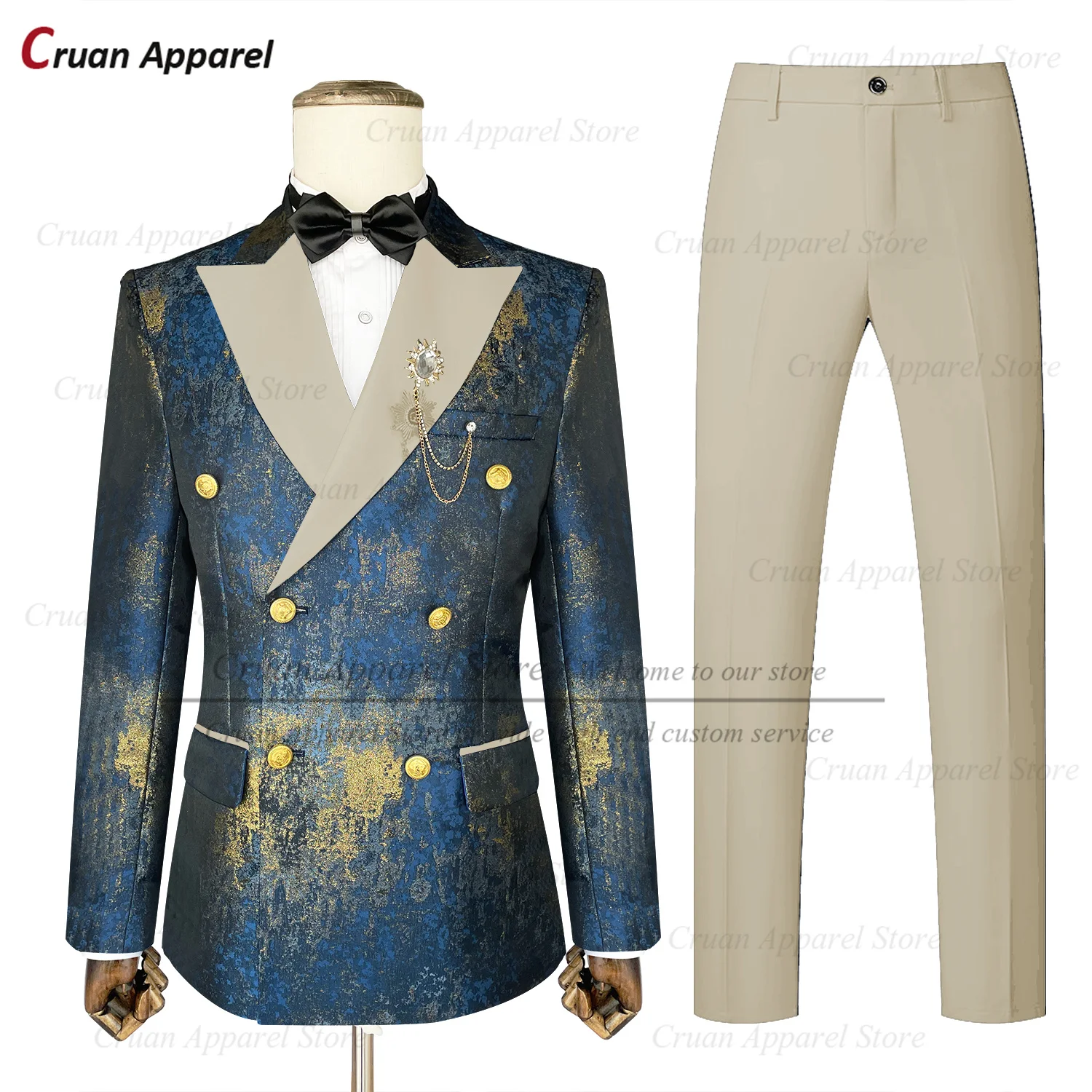 Fashion Men Suit Sets Wedding Party Groomsman Shiny Outfits Formal Banquet Tailor-made Double Breasted Blazer Pants 2 Pieces