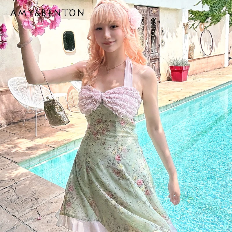 

Korean Style 2025 Summer New Women's Clothing Original Design Bow Halter Light Pink Contrast Mint Green Floral Dresses Ladies