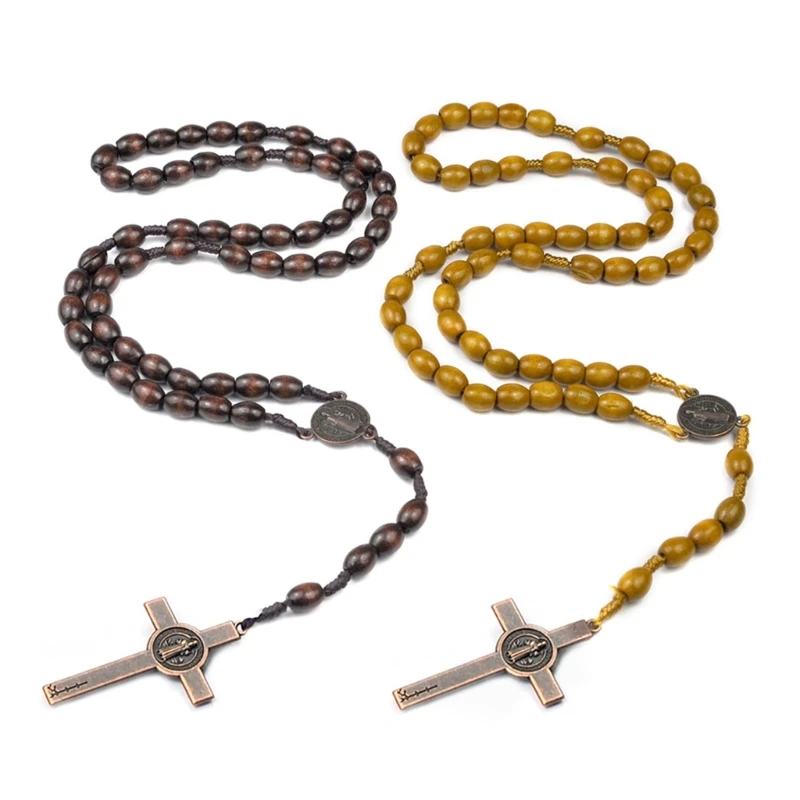 Elegant Wooden Rosary Necklace with Prayer Beads and Pendant Bohemian Necklaces for Stylish and Devout Individuals