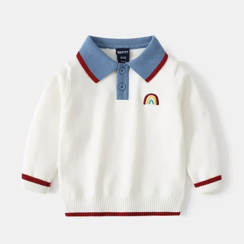 2024 Autumn Winter Children Boys Sweater Cotton Kintted Boder Contrast Tops Striped Embroidery Cartoon Polo Kids Boys Sweater