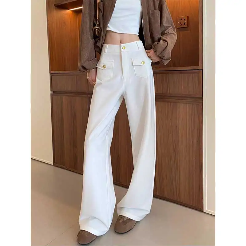 ملابس حريمي ربيع الخريف موضة البساطة زر بلون جيب أنثى كل مباراة مزاجه عالية الخصر السراويل مستقيم