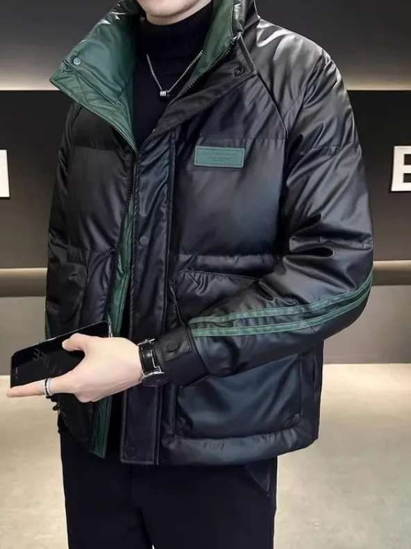 

High-End Leather down Jaet Men's Winter New Faion Brand Stand Collar Haome Warmth Bread Coat Men's Sle Thiened Whi...