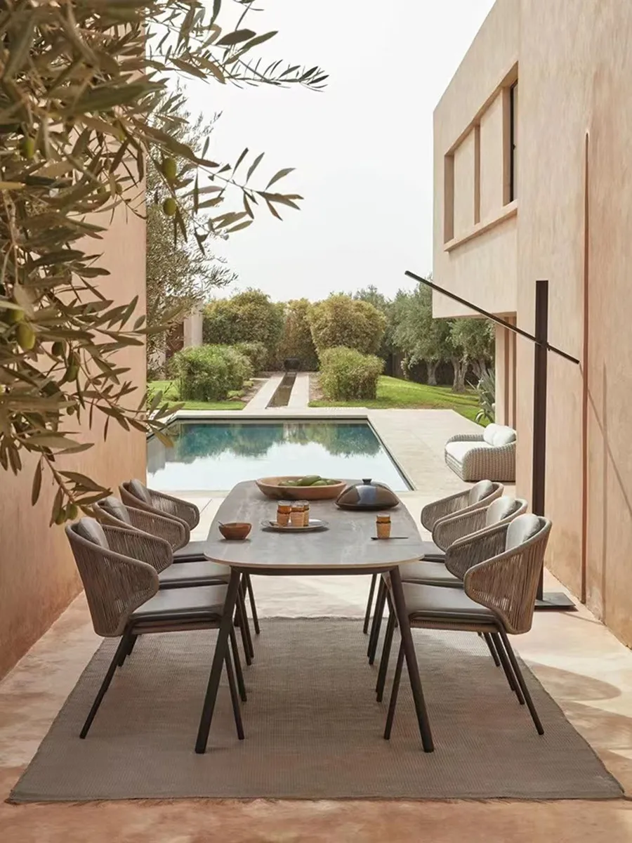 

Outdoor leisure rock slab tables and chairs Outdoor terrace Villa balcony Garden courtyard Braided rope B & B Hotel Restaurant