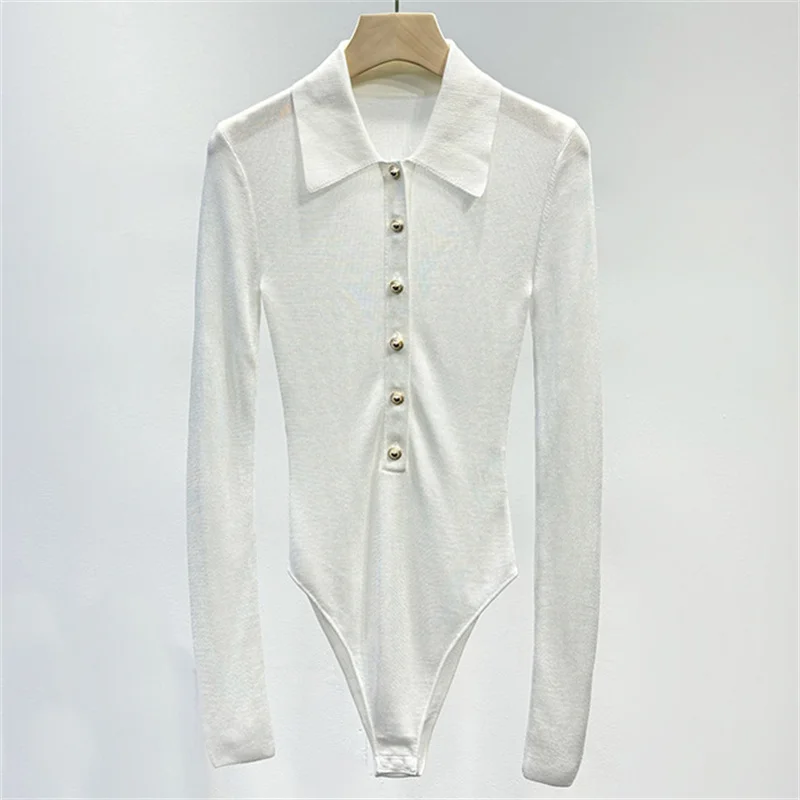 Bodysuit women New elastic slim fit long sleeved top for autumn 2025 Polo collar pullover Metal button decoration T-shirt corset