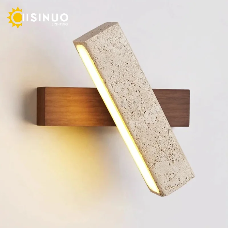 

Rotating Cave Stone Wall Sconce Wabi Sabi Bedside Lamp Wooden Base Yellow Travertine Stone Wall Light for Bedroom Reading Decora