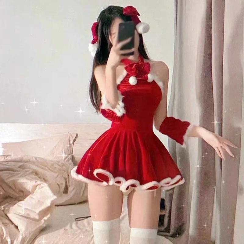 Frauen Weihnachts kleid Flusen Schnürungen schlanke sexy Overs leeve Weihnachts uniform rot