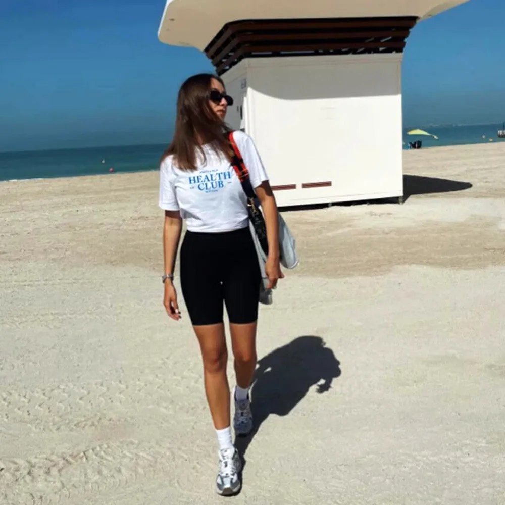 American Vintage Health Club Letters Printing T Shirts Women White Short Sleeve Loose Casual Tops Ins Fashion 90\'s Tee Shirt