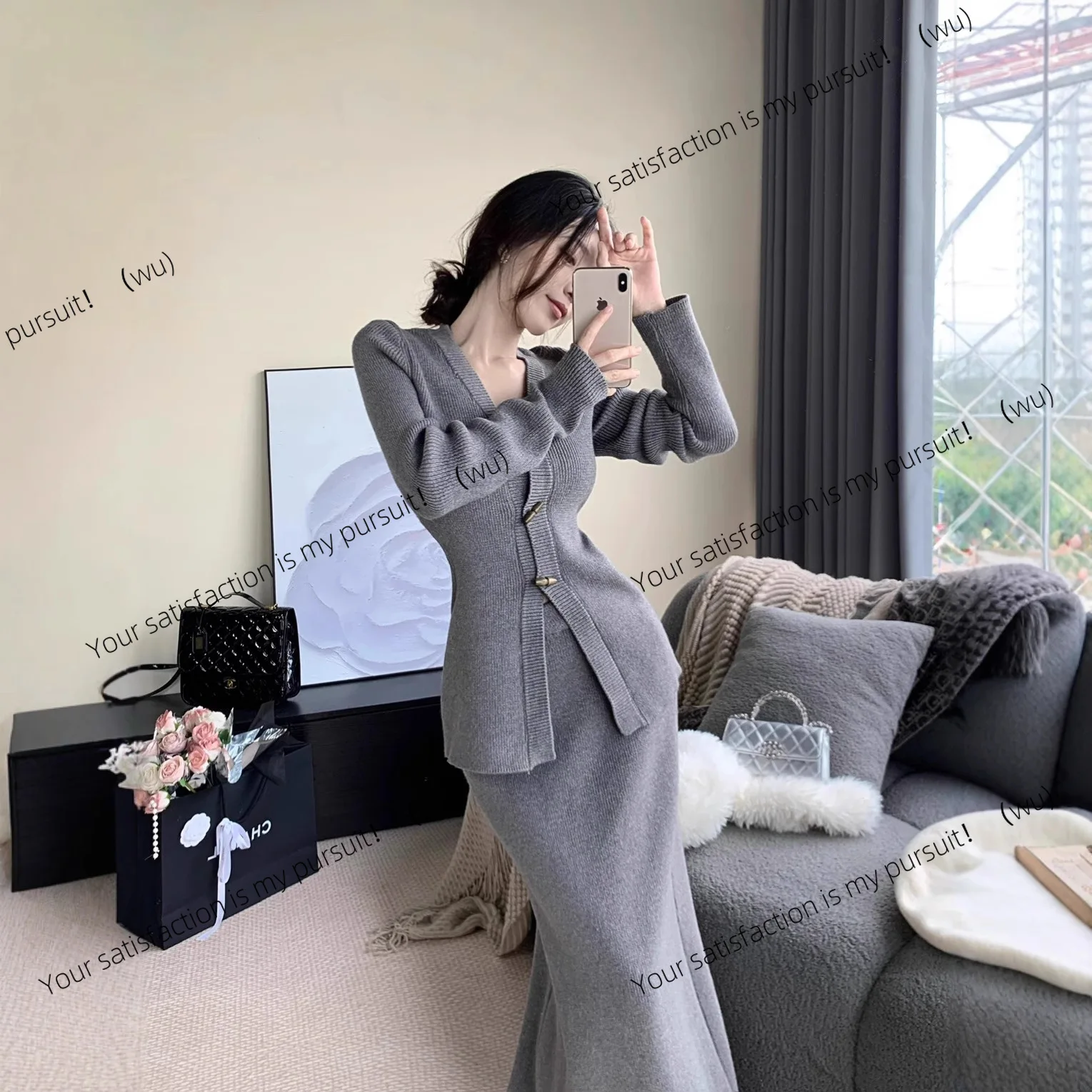 

New light and lazy wind gentle temperament knitted top autumn and winter new long skirt sweater suit women