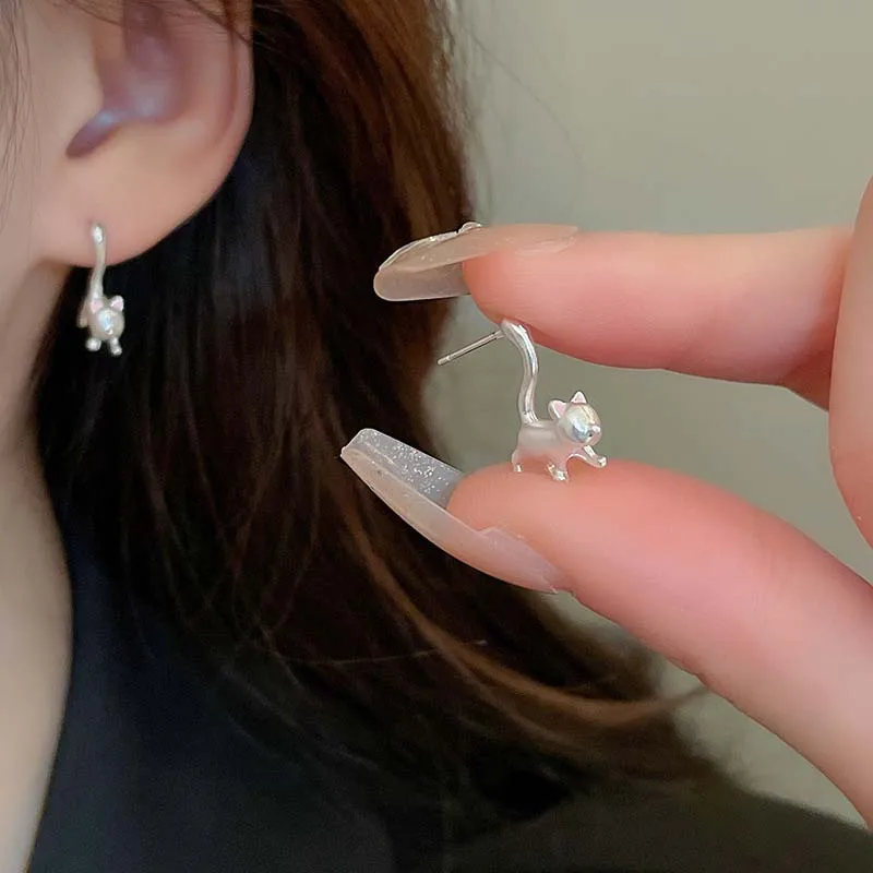 New Romantic Cute Cat For Women Fashionable Design Unique Funny Simple Silver Needle Earrings Jewelry Party Gift