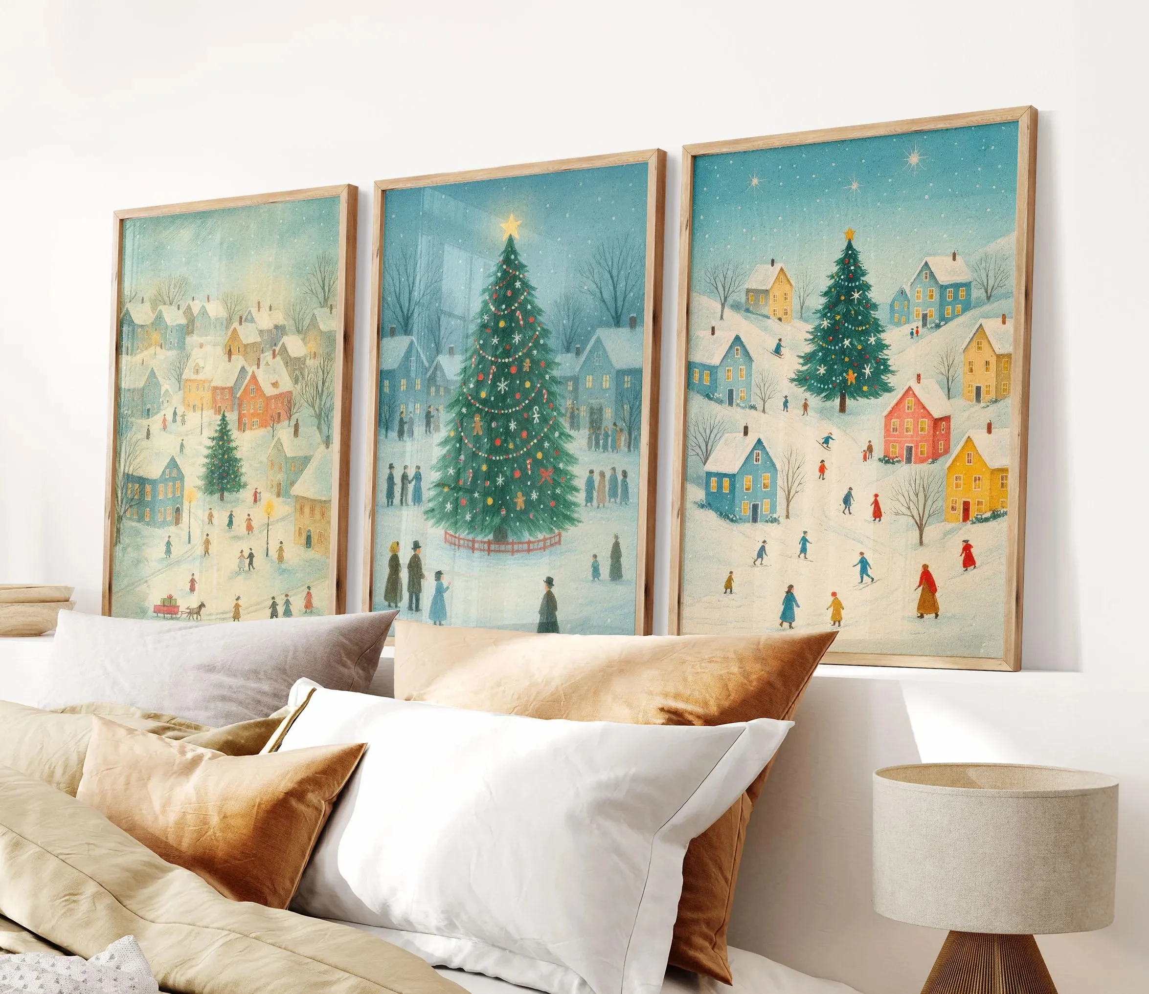 3PCS  Frameless,Set of 3 Christmas Posters, Retro Christmas Village Prints, Cozy Winter Holiday Wall Art, Home Decor, Christmas